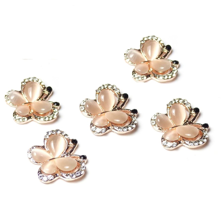 5pcs Rose Gold Butterfly Embellishments Flatback Rhinestone Diamante and Pearl E