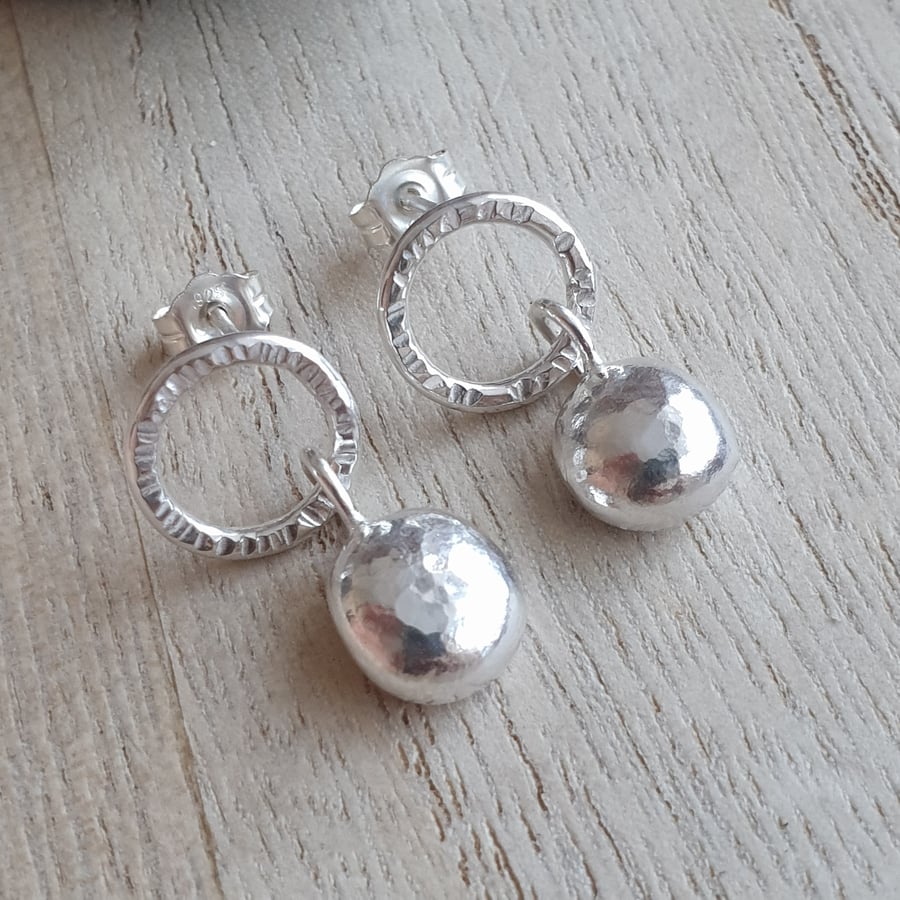 Silver pebble studs, Circle earrings, Melted metal drops