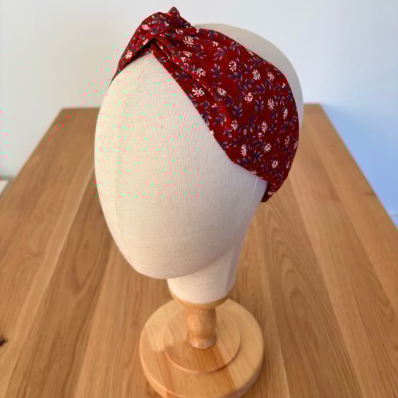 Cotton headband, twist knot style hairband in wine with delicate floral print