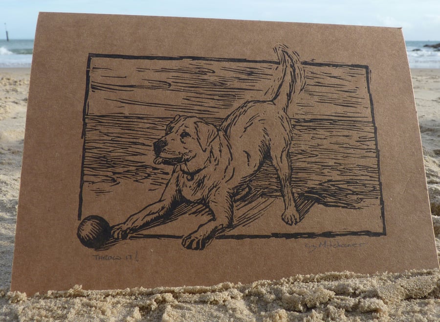 Original linocut card ' throw it ! ' hand printed & signed.