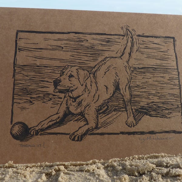 Original linocut card ' throw it ! ' hand printed & signed.