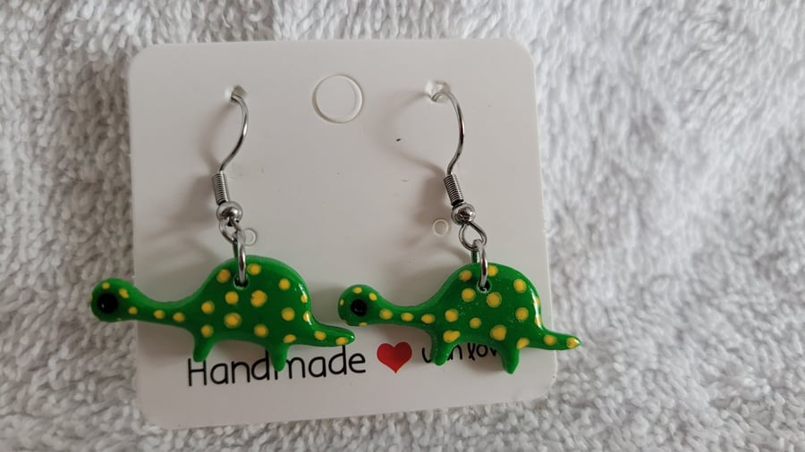 Handmade Polymer Clay Green Spotty Dinosaur. 316 Surgical Stainless Steel