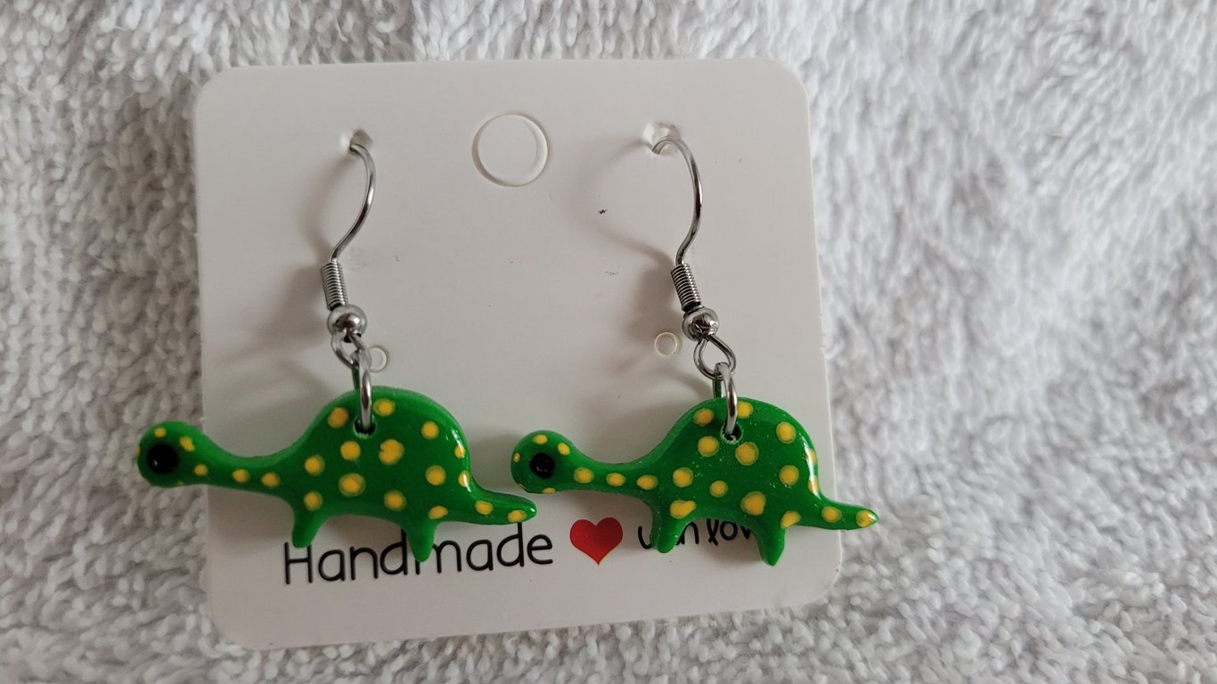 Handmade Polymer Clay Green Spotty Dinosaur. 316 Surgical Stainless Steel