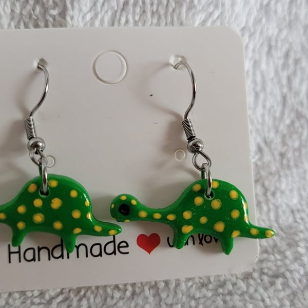 Handmade Polymer Clay Green Spotty Dinosaur. 316 Surgical Stainless Steel