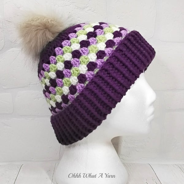 Crochet hat, beanie. Purple, lilac, green and cream granny stitch pom pom hat.