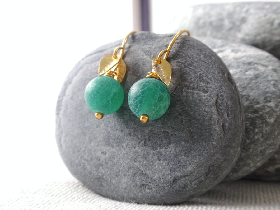 Gold Earrings with Green Agate and Leaves, Pretty Summer Jewellery