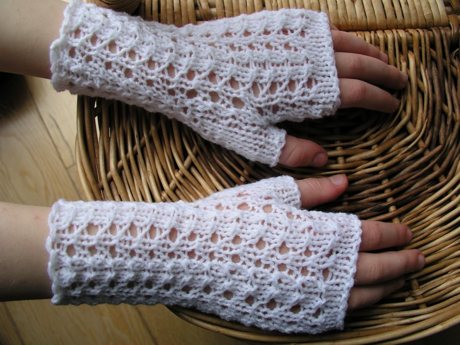 Hand knitted girls fingerless gloves, wrist warmers