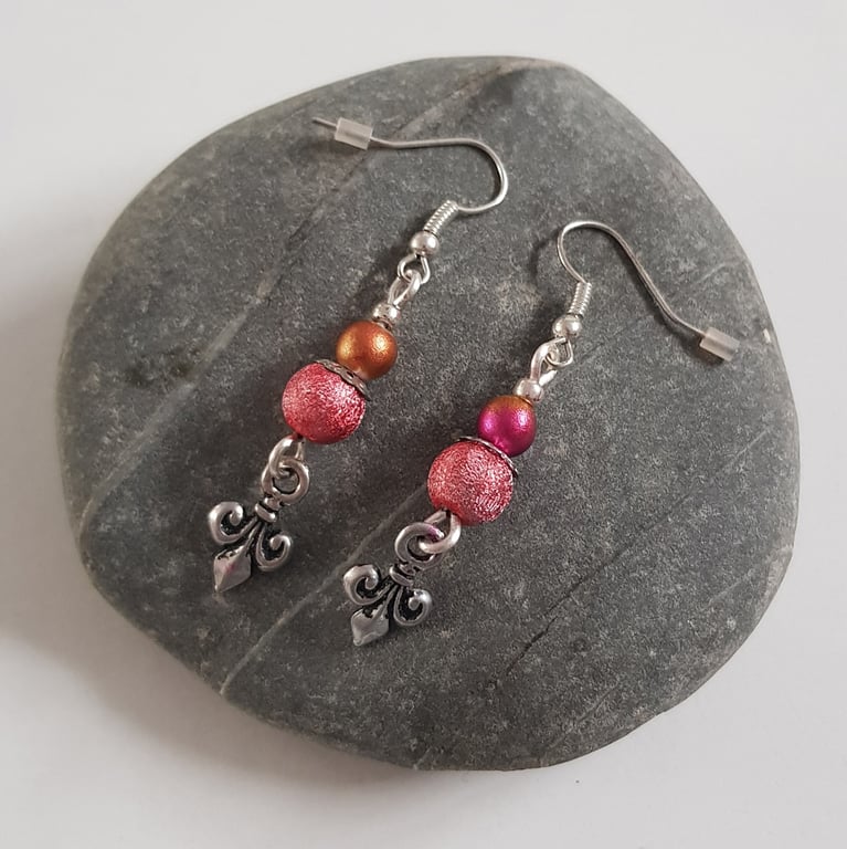 Pink and Red Bead Earrings - Silver Fleur de Lis Drop Earrings