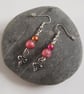 Pink and Red Bead Earrings - Silver Fleur de Lis Drop Earrings