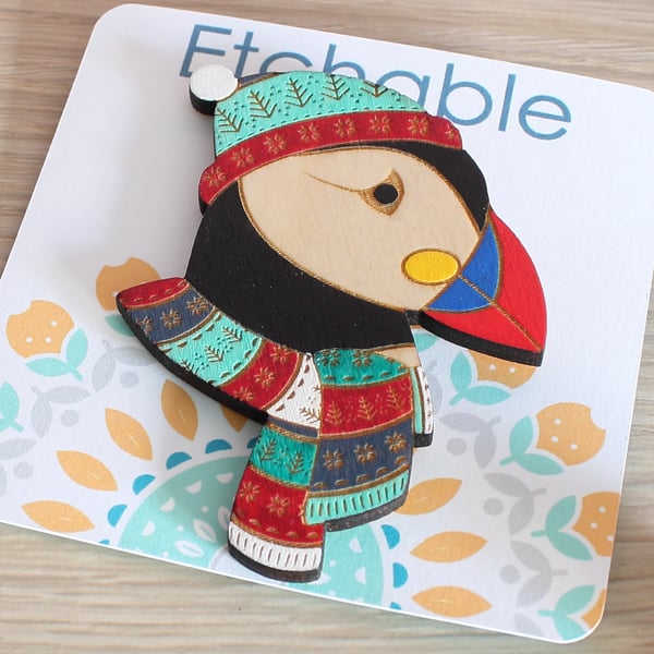 Christmas Puffin Wooden Brooch - Etched and Hand Painted