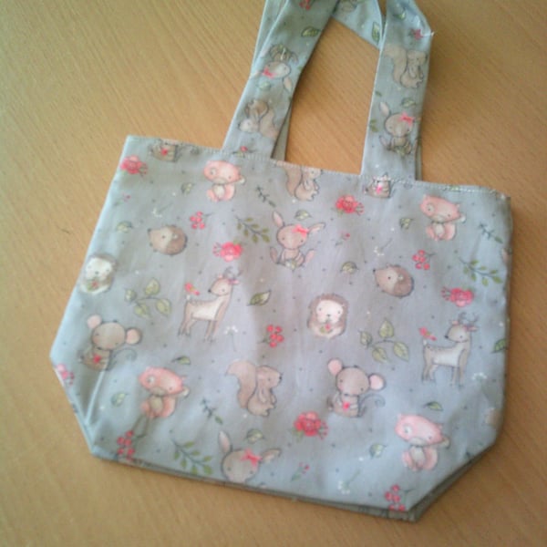 Deer, Hedgehogs and Squirrels on Pale Grey Childs Fabric Handbag