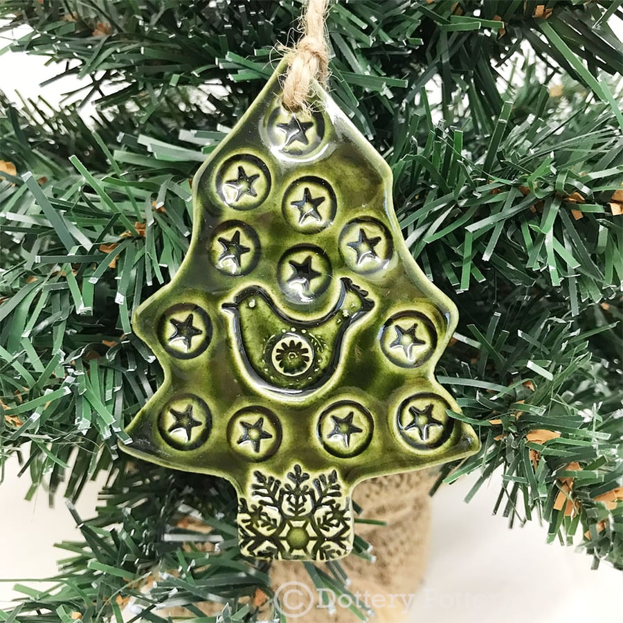 Green Ceramic Christmas tree decoration with bird and star Pottery decoration