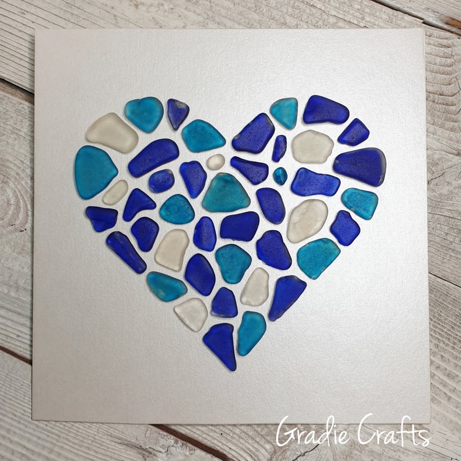 Handmade Genuine Anglesey Sea Glass Blue Heart Mosaic Unframed Art Wall Hanging