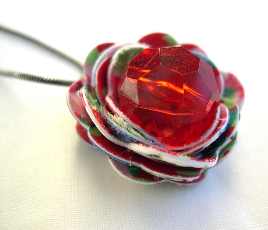 Hardened Fabric Red Vintage Print Rose Necklace silver plated with Resin Jewel