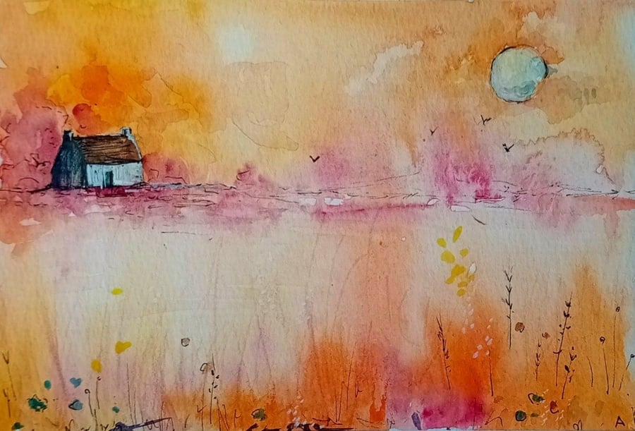 ,BOTHY UNDER A MANGO SKY, original watercolour and fine liner painting 