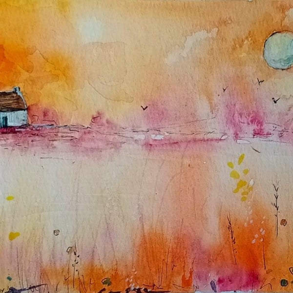 ,BOTHY UNDER A MANGO SKY, original watercolour and fine liner painting 