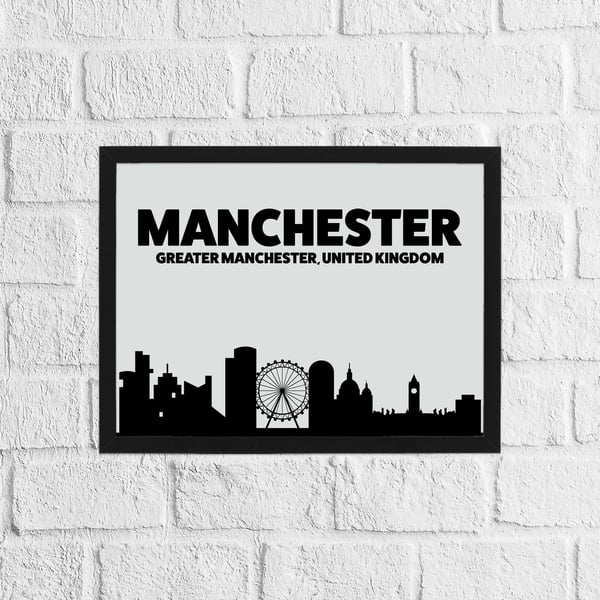 Skyline silhouette of Manchester, Greater Manchester, UK, grey and black print
