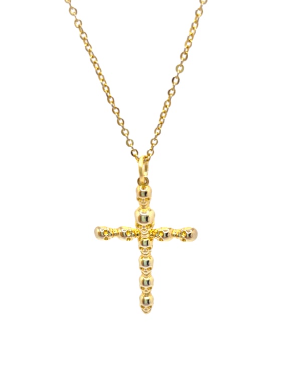 Gold plated sterling silver cross made up of skulls with chain