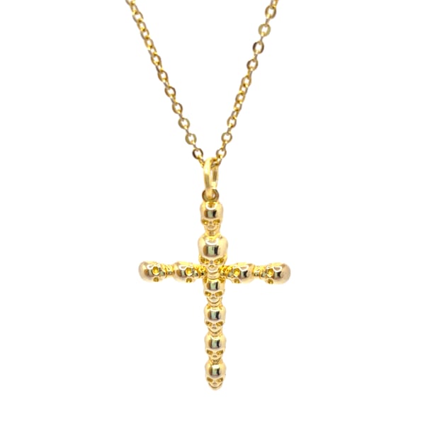 Gold plated sterling silver cross made up of skulls with chain