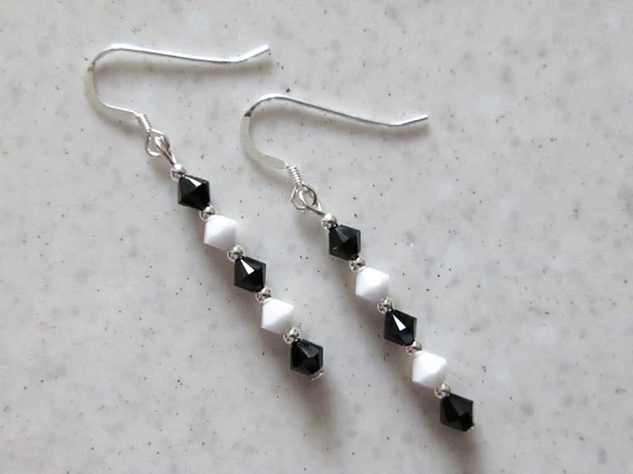 Slim Black & White Crystals & Sterling Silver Earrings