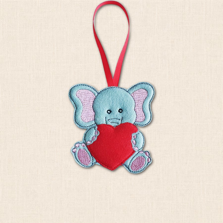 Elephant Love Hanging Decoration - Embroidered Felt Heart Keepsake