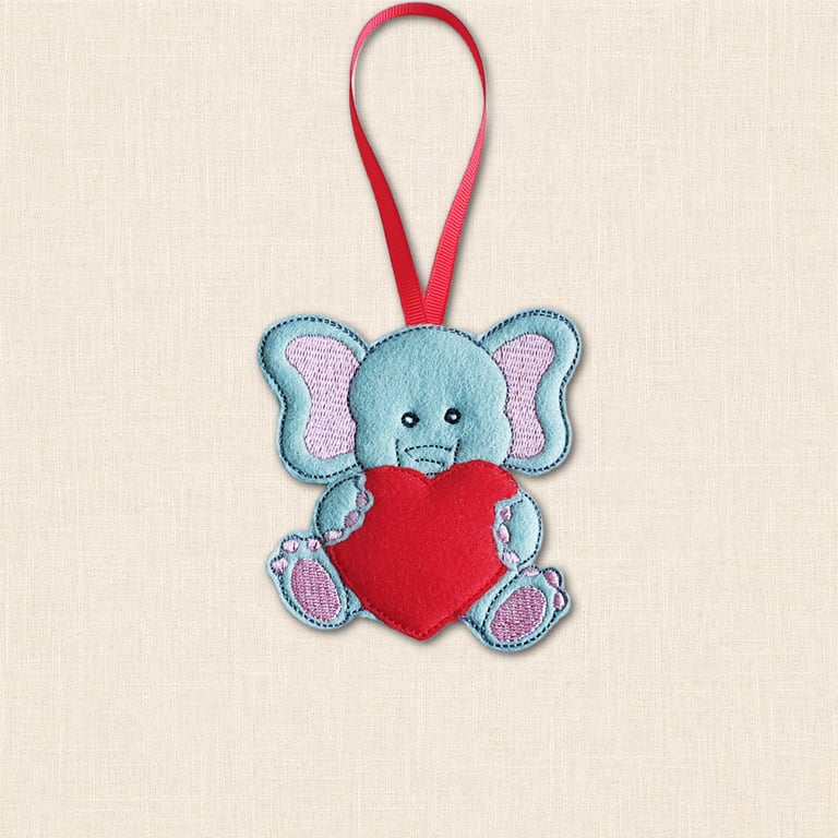 Elephant Love Hanging Decoration - Embroidered Felt Heart Keepsake