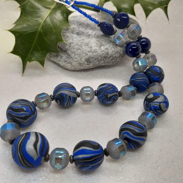 Royal blue, black and silver necklace