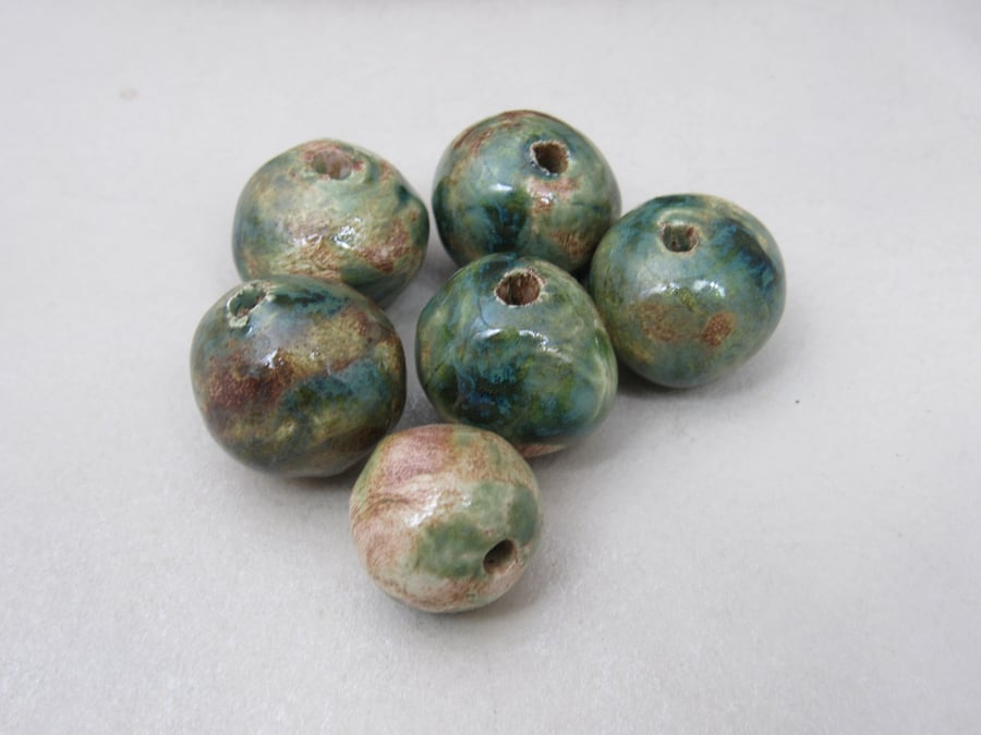 6 Medium Forest Green Glazed Clay Beads