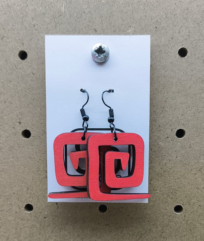 Red Geometric Wooden Earrings