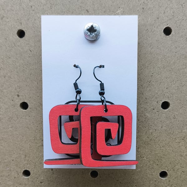 Red Geometric Wooden Earrings