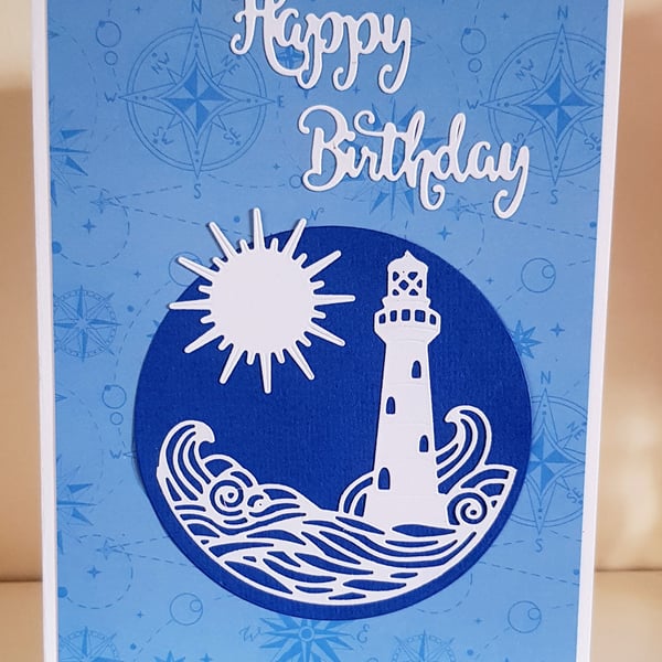 Birthday Card Handmade Blue And White Lighthouse Seascape With Die-Cut Lettering