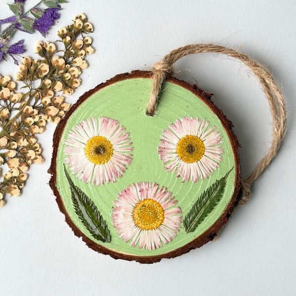 Real Pressed Bell Daisy Wood Slice Hanging Hand Painted Rustic Décor