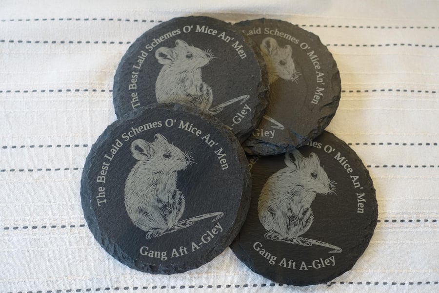 Set of 4 slate coasters, engraved with mouse and line from Robert Burns 