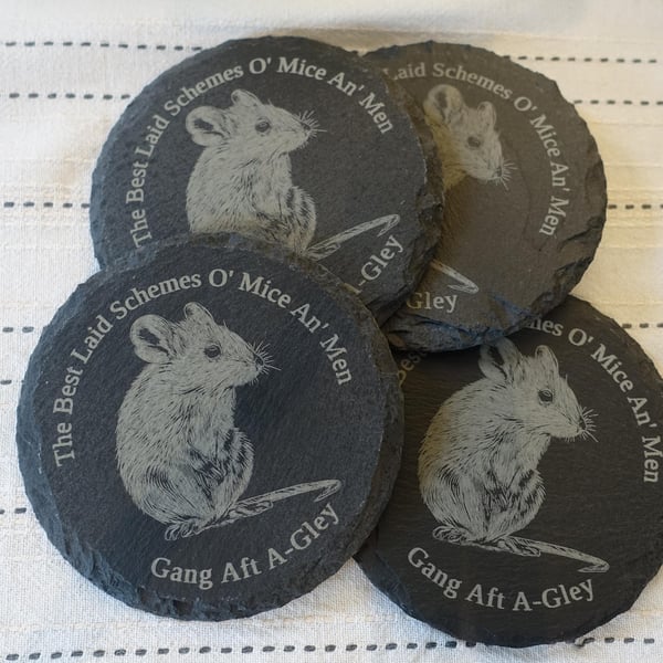 Set of 4 slate coasters, engraved with mouse and line from Robert Burns 