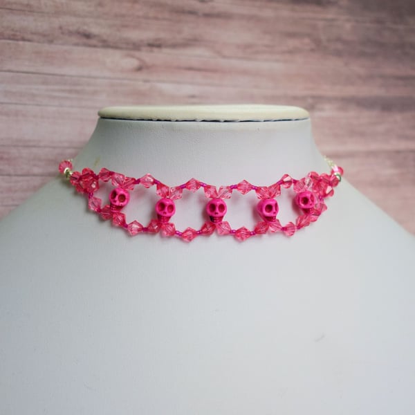 Hot Pink Beaded Skull Choker