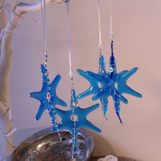Glass Star, Christmas Glass Star decorations, wire wrapped and beaded 