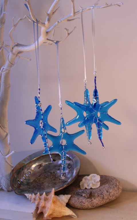 Glass Star, Christmas Glass Star decorations, wire wrapped and beaded 