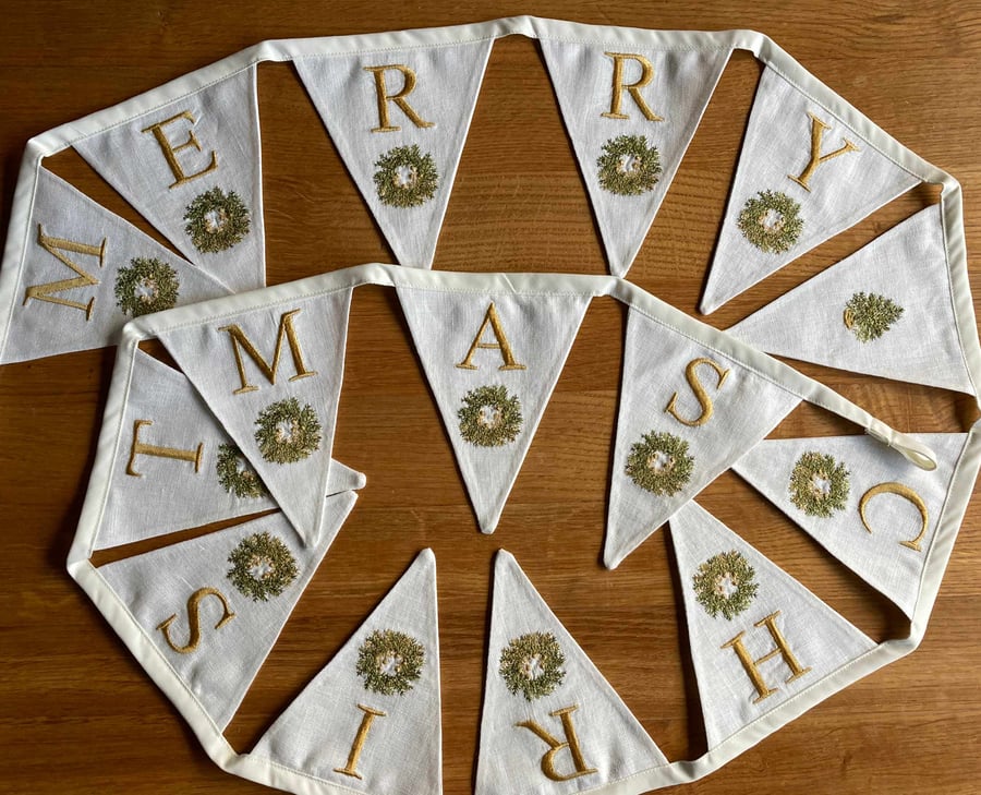 Merry Christmas embroidered linen bunting