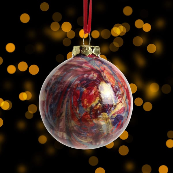 Hand marbled ceramic Christmas round bauble ornament red gold