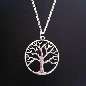 tree of life pendant necklace silver plated 18" curb chain silver charm