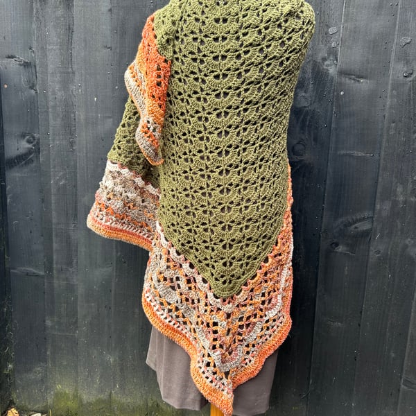 Generous Handmade Pumpkin Spice Vegan Yarn Triangle Lace  Shawl Wrap