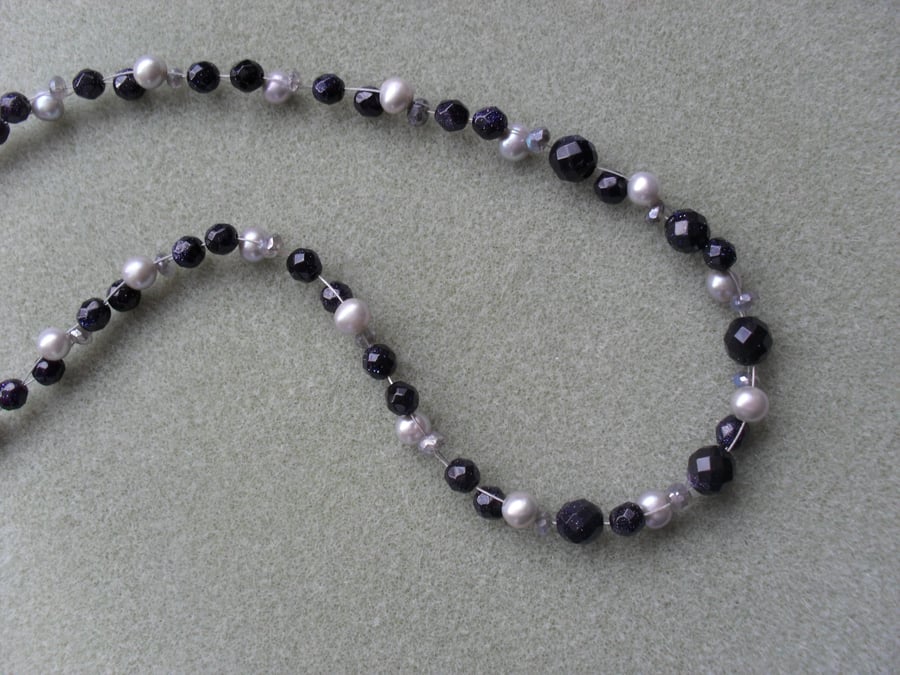 Sterling Silver Pearl, Labradorite and Blue Goldstone Necklace