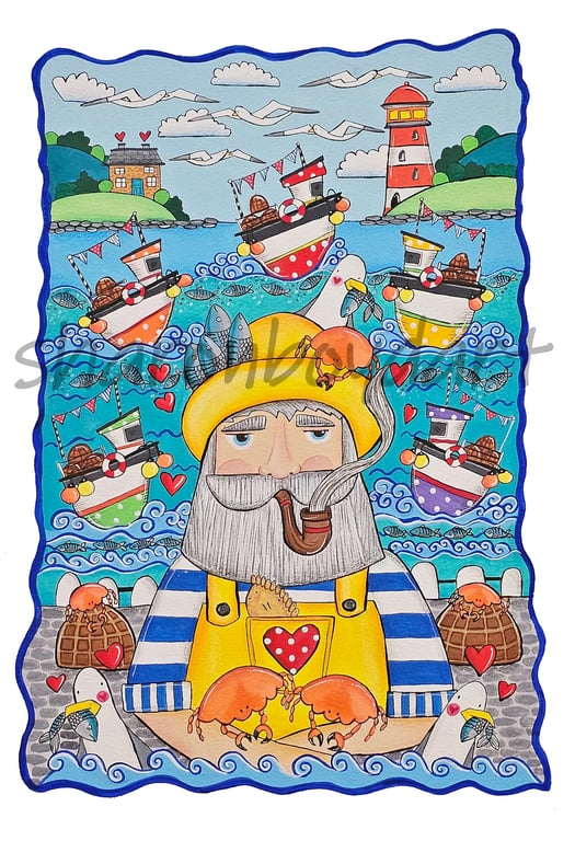 Colourful Nautical Cute Fisherman Art Print A3