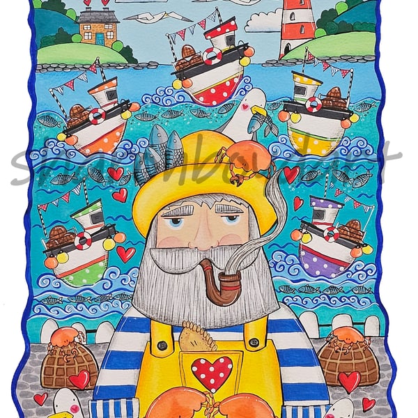 Colourful Nautical Cute Fisherman Art Print