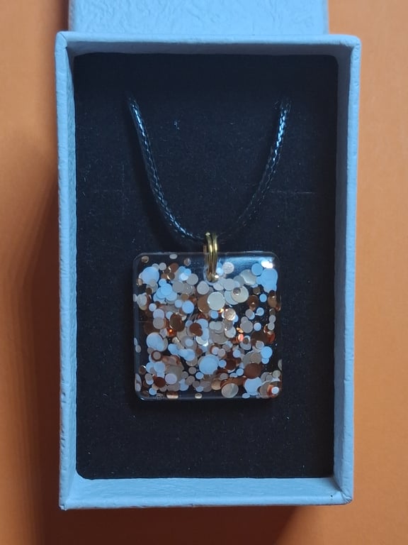 Gold glitter square resin pendant & black cord chain