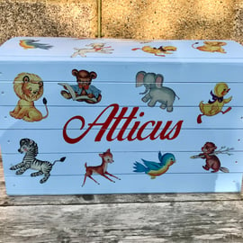 Children's personalised wooden storage chest - retro animals design