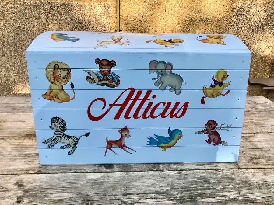 Children's personalised wooden storage chest - retro animals design