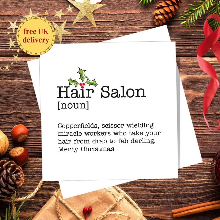 Christmas Card Personalised Hair Salon Definition, Blank Inside. Free delivery