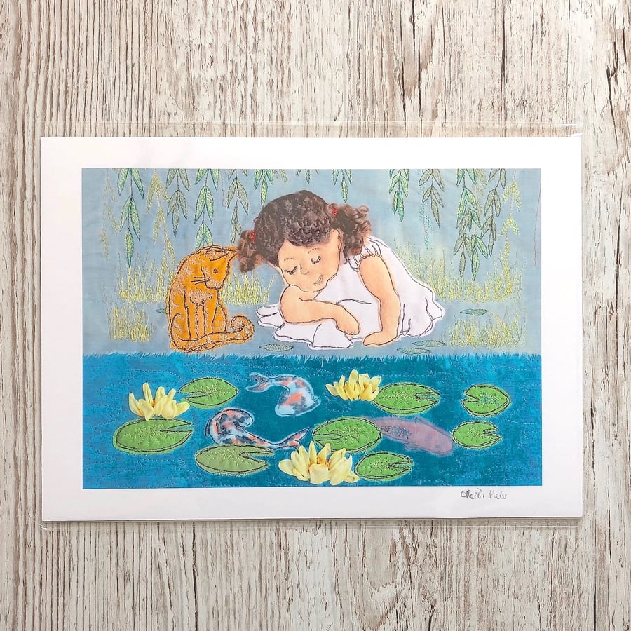 50% discount - Waterlilies giclee print waterlilies, cat, girl and koi carp fish