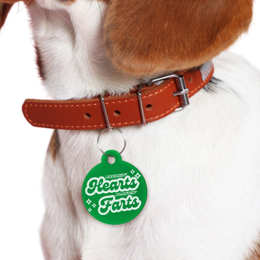 Hearts & Farts - Retro Personalised Dog ID Collar Tag: Funny Custom Pet Safety 